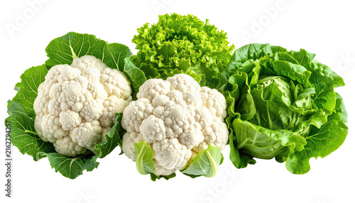 Close-up composition of fresh, vibrant vegetables, featuring two cauliflowers, a head of lettuce, and a leafy green