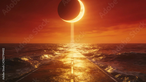 High-resolution professional stock photo of partial solar eclipse at sunset over open ocean with powerful golden reflection on water.