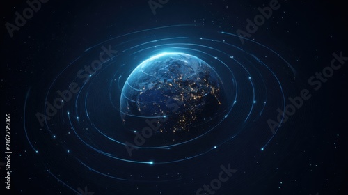 Futuristic global 5G communication concept, realistic Earth surrounded by elegant concentric wireless signal waves and glowing communication nodes