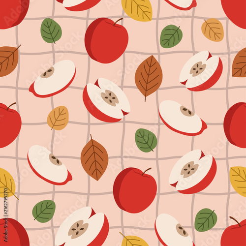 Red apple seamless pattern with whole apples, slices, and leaves on grid background