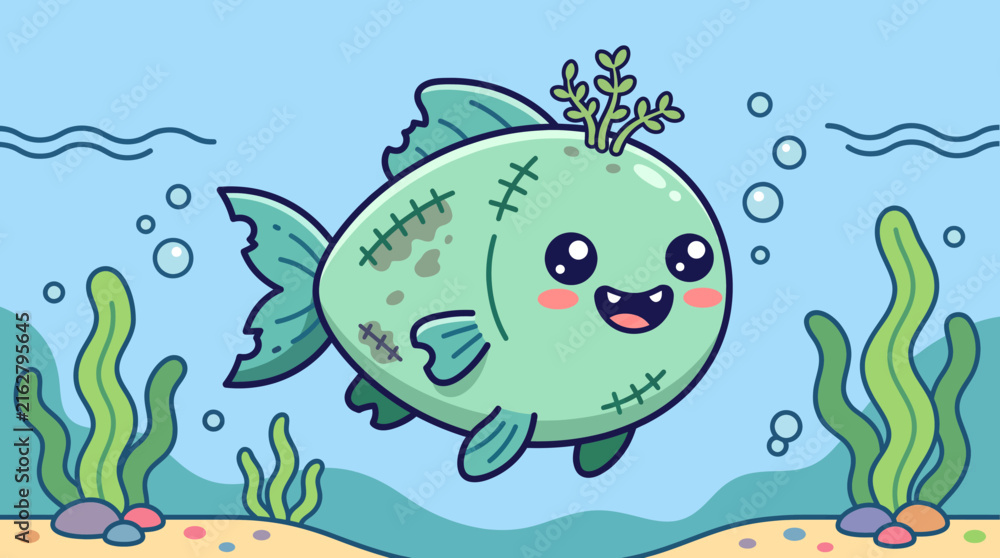 Obraz premium Cute cartoon zombie fish swimming underwater with bubbles and seaweed