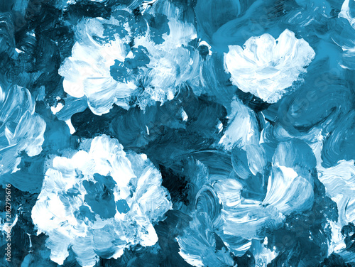Abstract painting blue flowers, original hand drawn, impressionism style