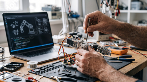 A close-up shot of a person's hands working on electronic components with a laptop displaying a robotic arm design in the background. The workspace is cluttered with tools and wires.