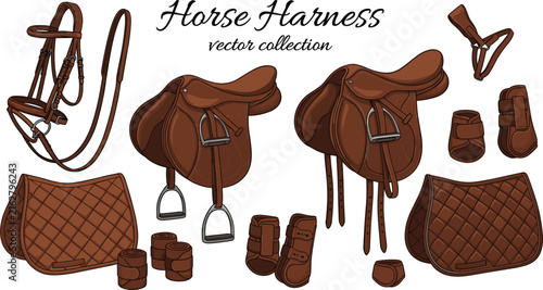 Bild auf Leinwand Leather Horse Harness and Saddle Vector Collection with English Bridle Stirrups