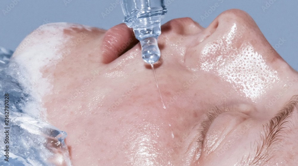 Fototapeta premium Woman receiving a serum drop from a glass dropper, featuring glowing dewy skin and wet textures for skincare and beauty advertising