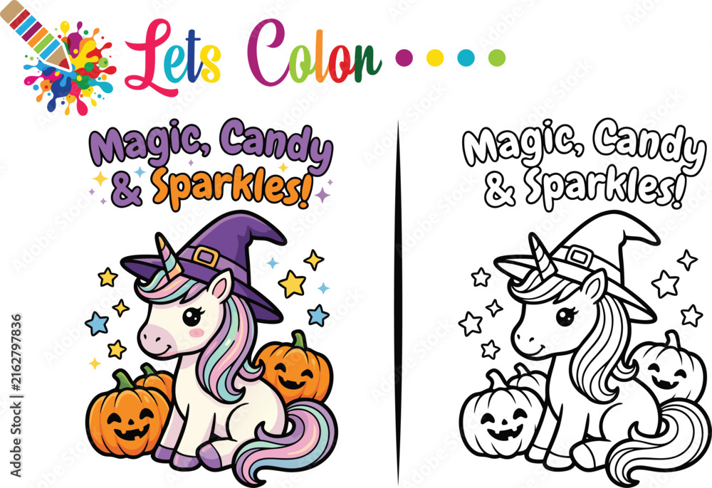 Fototapeta premium Cute Halloween Unicorn with Witch Hat and Pumpkin Color and Outline Illustration Set 