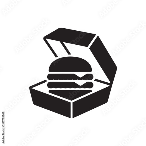 Black silhouette vector icon of a burger inside an open takeout packaging box