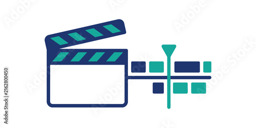 Bild auf Leinwand Film production clapperboard and timeline editor flat blue video icon