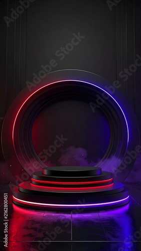 A futuristic stage with glowing neon rings and smoky atmosphere, ready for a grand reveal or performance.