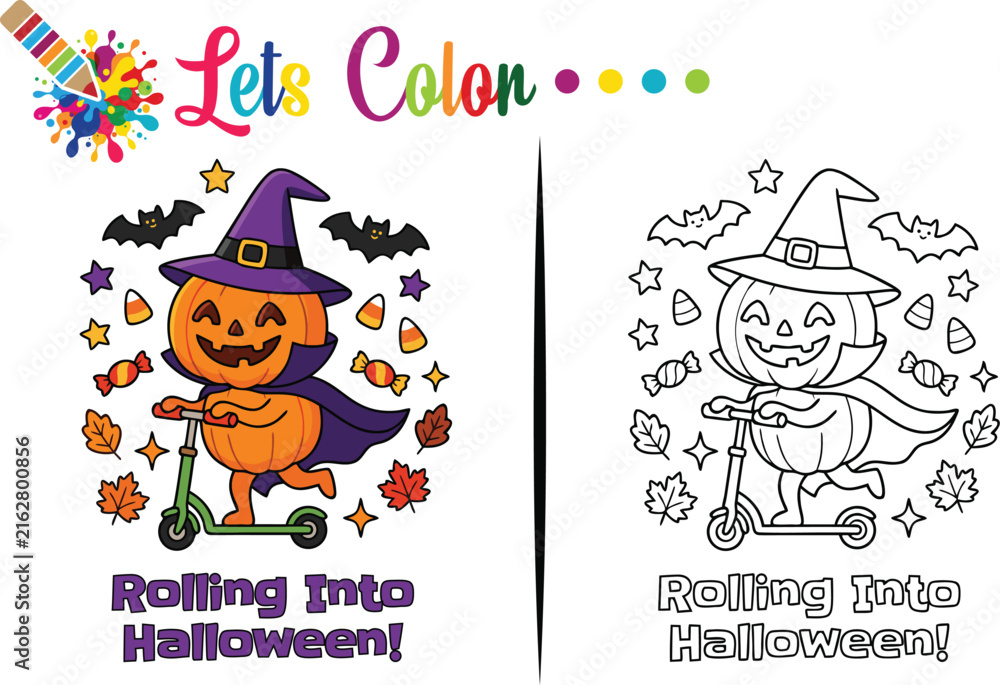Fototapeta premium Pumpkin Character on Scooter Color and Outline Illustration Set