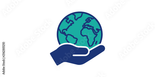 Cuadro en lienzo World globe held by hand icon in blue and teal for global support