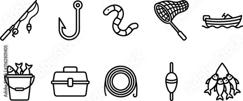 Foto Fishing equipment line icon set vector illustration of outdoor sport rod hook wo