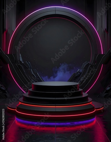 A futuristic stage with a circular neon frame and tiered platform, illuminated by vibrant purple and red lights, bathed in atmospheric smoke, creating a dramatic and futuristic scene.