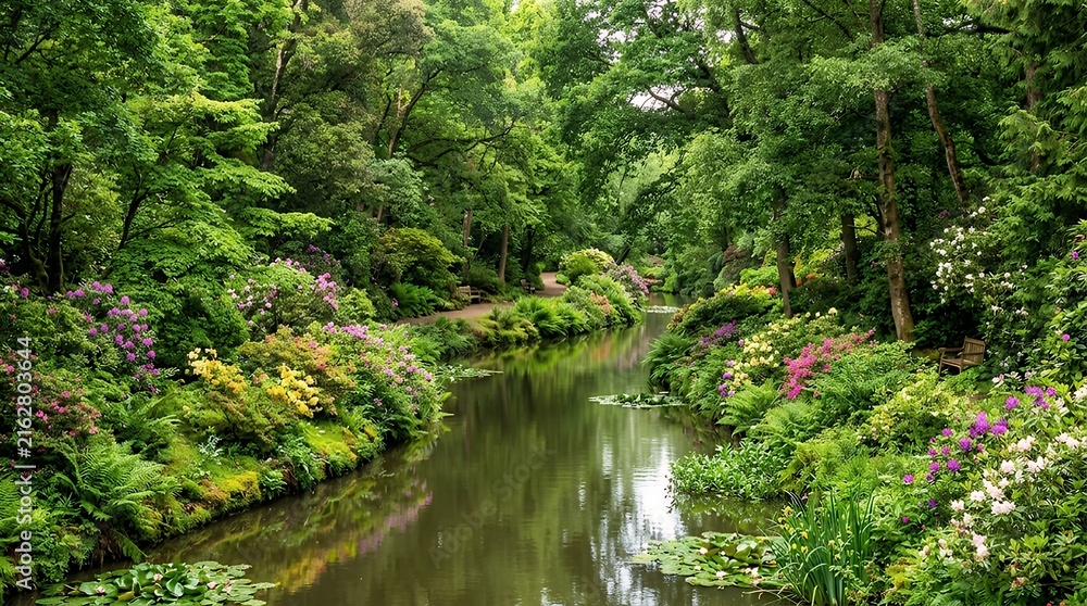 Fototapeta premium Lush Green Vegetation And Dense Trees Along Riverbanks Flowering Near Quiet Waterway In Botanical Gardens riverbank lush vegetation botanical garden green trees quiet river natural landscape river