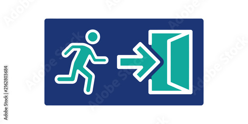 Foto Exit sign board with running man and open door symbol teal blue.