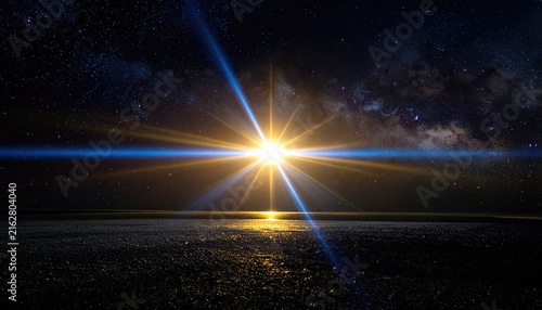 Cosmic panorama depicting a radiant celestial body illuminating a flat expanse with a star-filled night sky backdrop