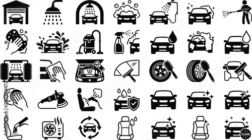 Car Wash and Auto Detailing Black Silhouette Icon Set Featuring Cleaning Equipment, Waxing, Vacuuming, Pressure Washing, and Vehicle Care Vector Symbols
