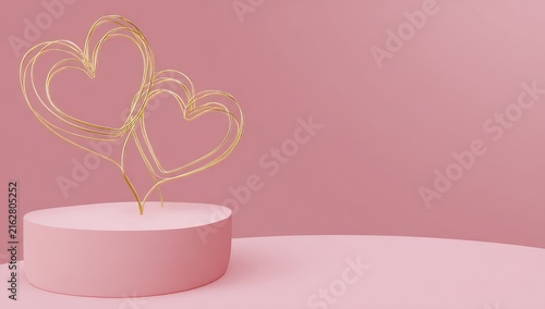 Two golden heart outlines on a pink podium, placed in front of a pale pink backdrop, offering space