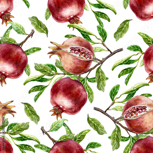Pomegranate branches seamless pattern. Red ripe fruits and green leaves. Hand drawn watercolor illustration in a botanical style, isolated. Suitable for fabric, wallpaper and juice labels.
