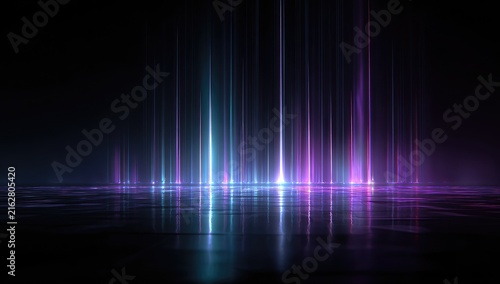 Vertical light beams in blue and purple hues emanate from a reflective surface, creating a futuristic visual