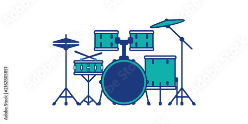 Sticker Acoustic drum set musical instrument icon in blue and teal coloring