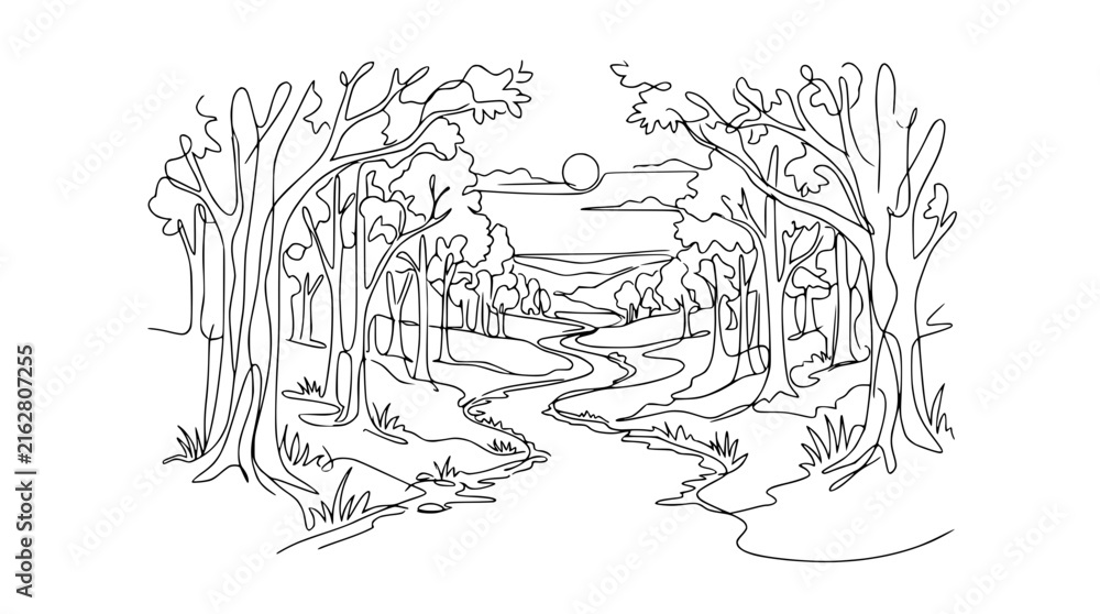 Obraz premium Black and White Line Art Forest Path Landscape with River and Sun