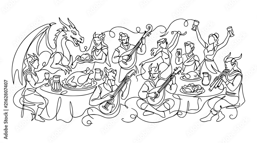 Fototapeta premium Fantasy Feast Celebration: Dragon, Elves, Musicians, Dancing, Food, Drinks