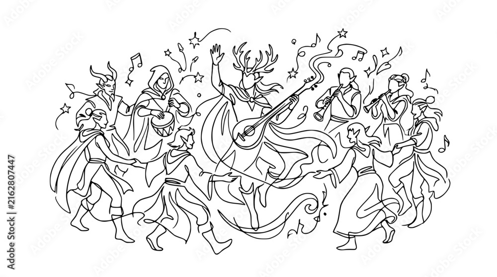 Obraz premium Fantasy Characters Dancing and Playing Music, Festive Celebration