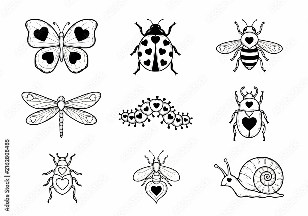 Obraz premium Black and white insect and bug illustrations with hearts