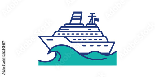 Foto Large passenger cruise liner icon with blue outlines and teal waves