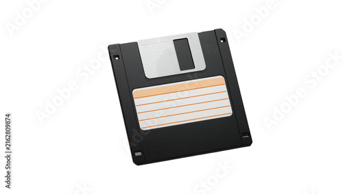 Vintage black 3.5 inch floppy disk with blank label isolated on a solid black background, for retro computing isolated on a transparent background