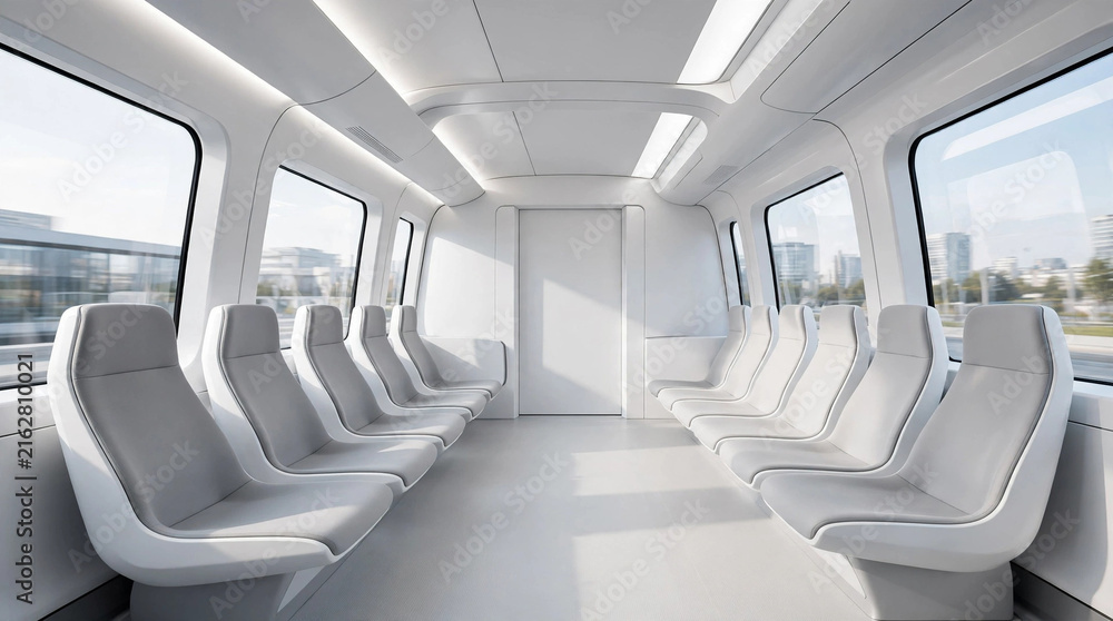 Obraz premium Futuristic minimalist train carriage interior with white design and sleek seats