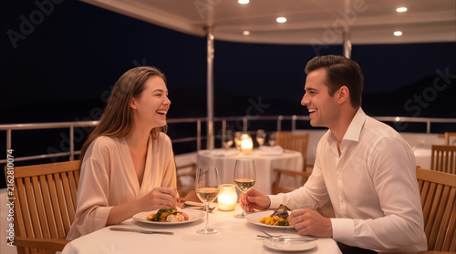 Heterosexual couple laughing during romantic dinner on luxury yacht deck at night. High-end travel and dating concept.