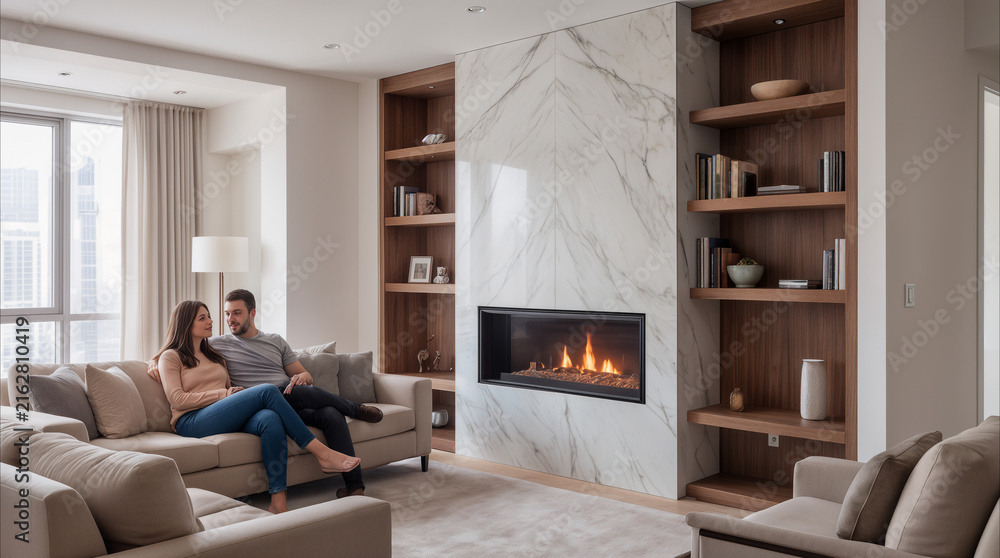 Fototapeta premium Relaxed young couple sitting on sofa in luxury apartment with marble fireplace. Modern interior design and real estate concept.