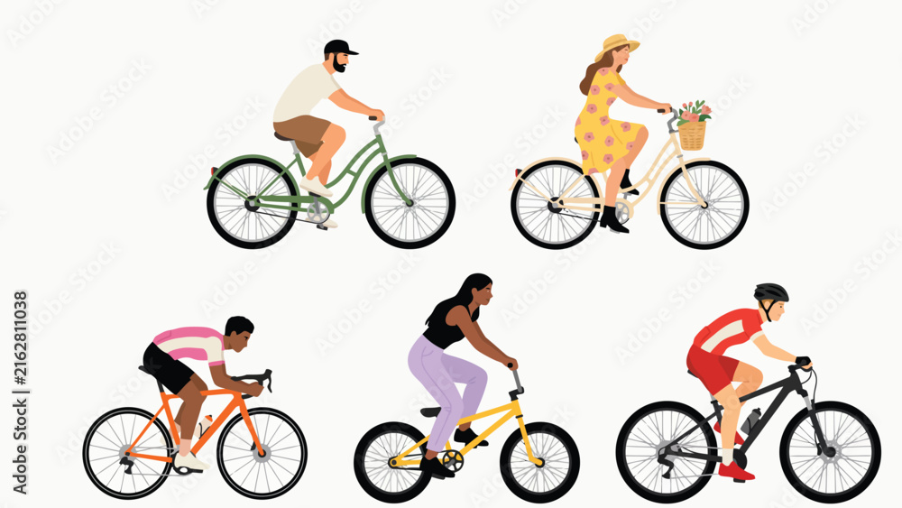 Fototapeta premium Diverse young people riding different bicycle types vector set