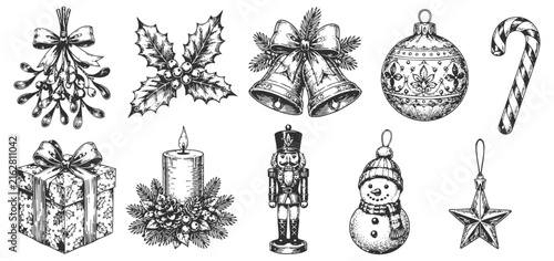 Vintage christmas elements set mistletoe, holly, bells, bauble, candy cane, gift, candle, nutcracker, snowman, star