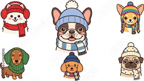 Cute Dog Breeds Wearing Winter Clothes Vector Set with Pomeranian French Bulldog Chihuahua Dachshund Poodle and Pug in Warm Hats and Scarves