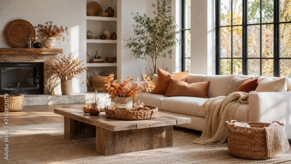 Naklejka premium Cozy autumn living room interior with warm seasonal decor fireplace soft blankets and elegant modern home style