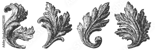Vintage ornamental acanthus leaf designs in black and white with detailed engraving