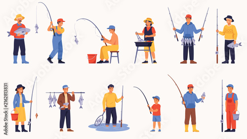 Bild auf Leinwand People fishing cooking and holding fish character vector flat icons set