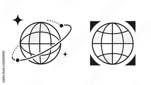 Global Network Planet Orbit Worldwide Satellite Focus Icon Set Vector Illustration