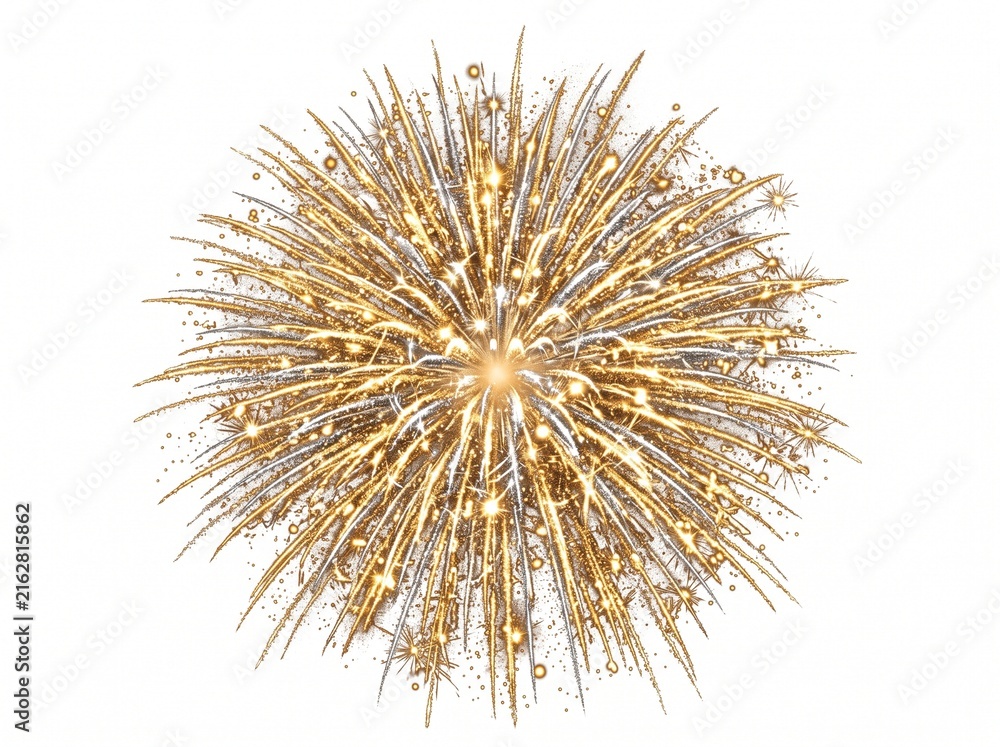 Fototapeta premium Golden and silver fireworks exploding on white background