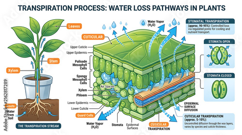Transpiration process water loss pathways in plants educational diagram with transpiration