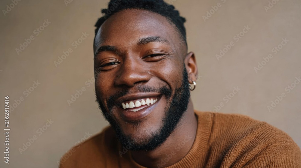 Obraz premium Close-up portrait of a young african-american man with a big smile on his face. he is wearing a brown sweater and has a pair of gold hoop earrings on his ears.