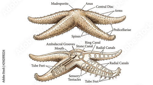 Starfish anatomy and water vascular system scientific zoological infographic diagram