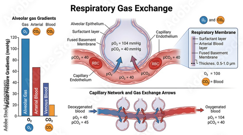 Respiratory gas exchange diagram in human lungs and alveoli with respiratory, exchange
