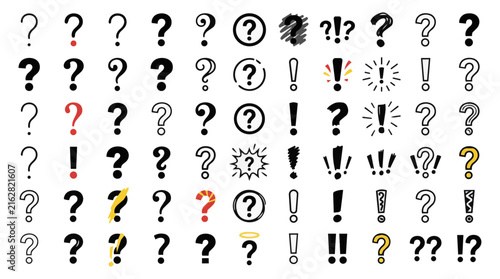 Question mark and exclamation point icon set. Scrapbook style punctuation symbols. Doodle inquiry signs, colorful vector badges for web and print.