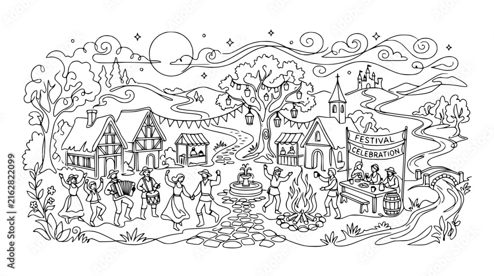 Fototapeta premium Medieval Village Festival Celebration Dancing Music Feast Castle Landscape Outline