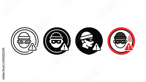 Фотография Set of vector thief icons with alert sign and burglar head illustration