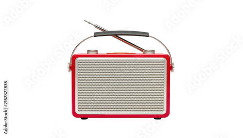Vintage style red portable radio receiver with silver speaker grille and telescopic antenna isolated on black background isolated on a transparent background